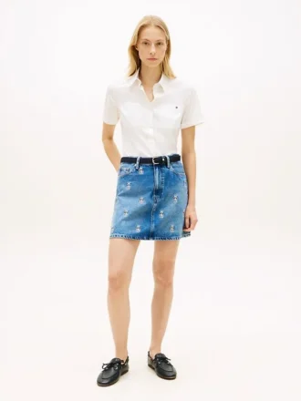 Allover Crest High-Rise Denim Mini Skirt