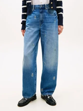 Allover Crest Mid-Rise Barrel Jean