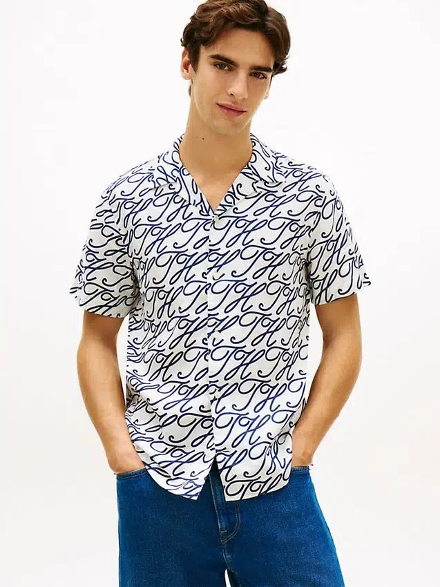 Allover Script Monogram Linen Camp Shirt Allover Script Monogram Linen Camp Shirt