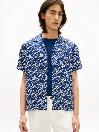 Allover Script Monogram Linen Camp Shirt