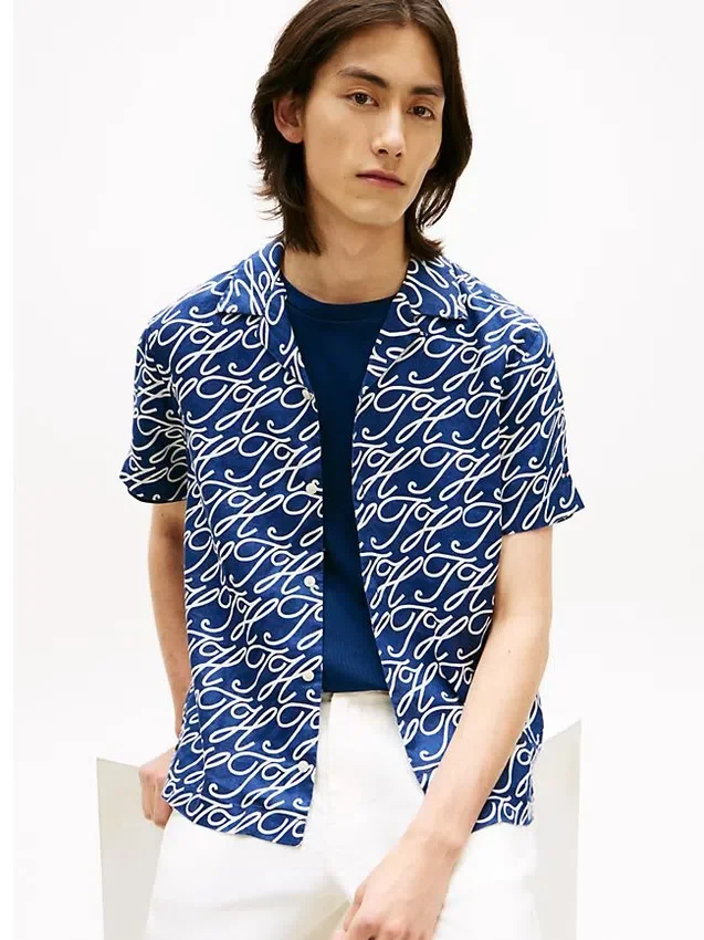 Allover Script Monogram Linen Camp Shirt Allover Script Monogram Linen Camp Shirt