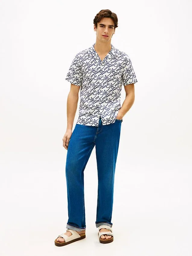 Allover Script Monogram Linen Camp Shirt Allover Script Monogram Linen Camp Shirt