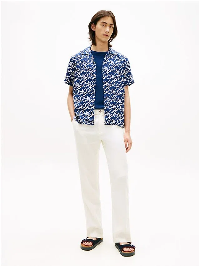 Allover Script Monogram Linen Camp Shirt Allover Script Monogram Linen Camp Shirt
