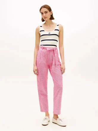 Belted Gingham Seersucker Tapered Pant