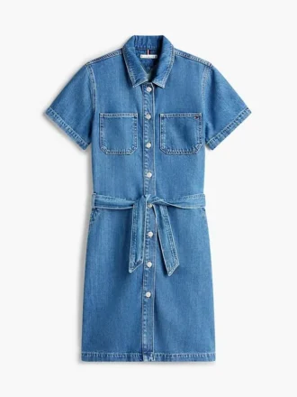 Belted Medium-Wash Denim Shirtdress