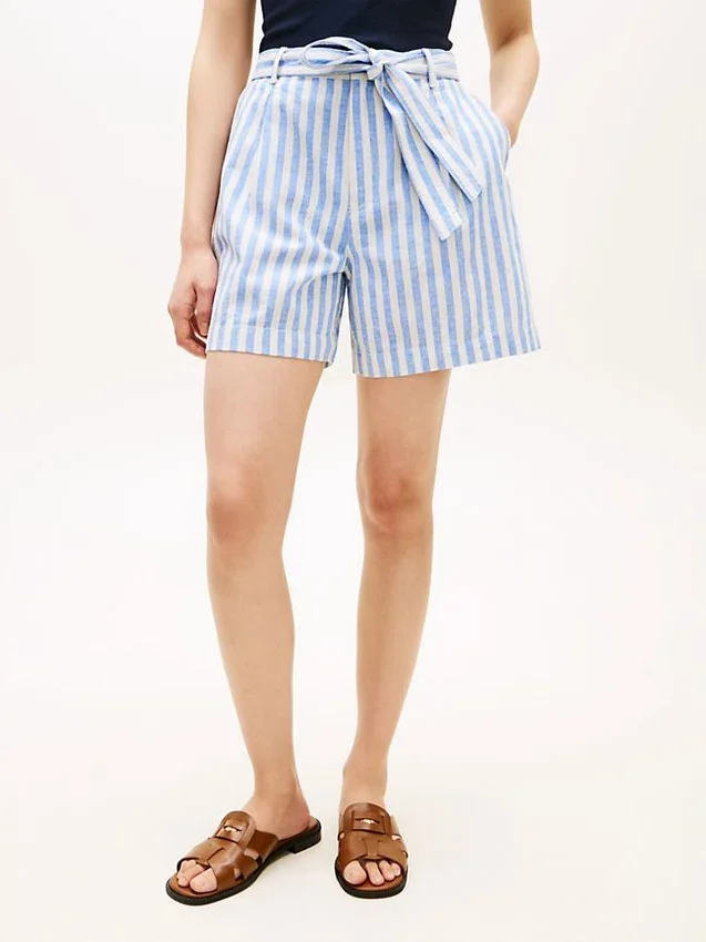 Belted Striped Linen-Blend Short Belted Striped Linen-Blend Short