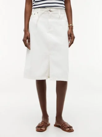 Belted White Denim Skirt