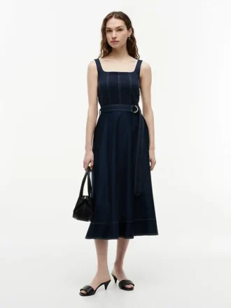 Contrast Stitch Belted Midi Dress