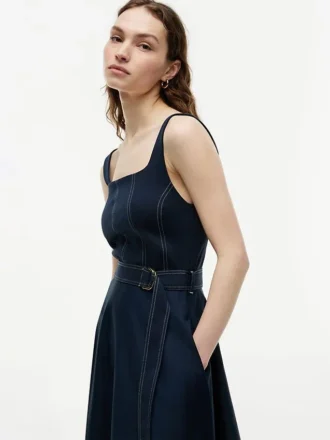 Contrast Stitch Belted Midi Dress