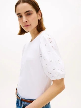 Embroidered Eyelet Mixed-Media Top