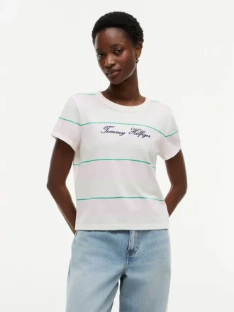 Embroidered Script Logo Striped T-Shirt