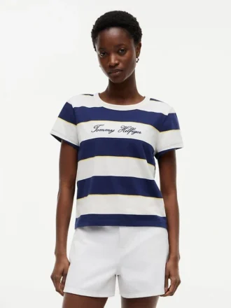 Embroidered Script Logo Striped T-Shirt
