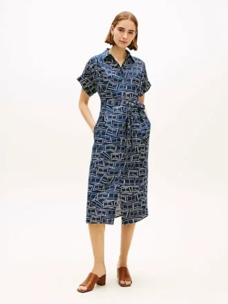 Flag Print Belted Linen Midi Shirtdress