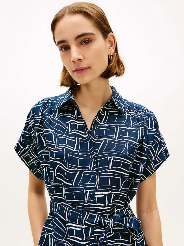 Flag Print Belted Linen Midi Shirtdress Flag Print Belted Linen Midi Shirtdress