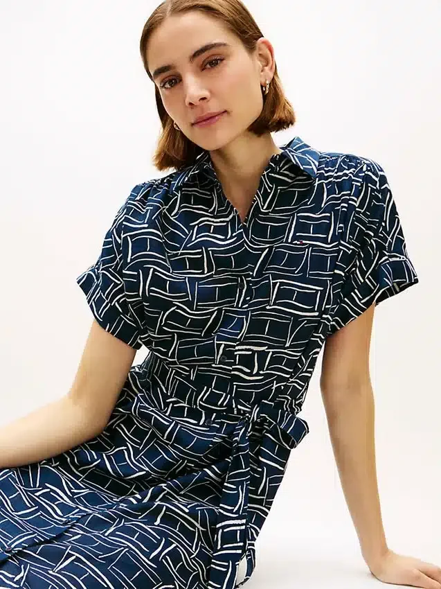 Flag Print Belted Linen Midi Shirtdress Flag Print Belted Linen Midi Shirtdress