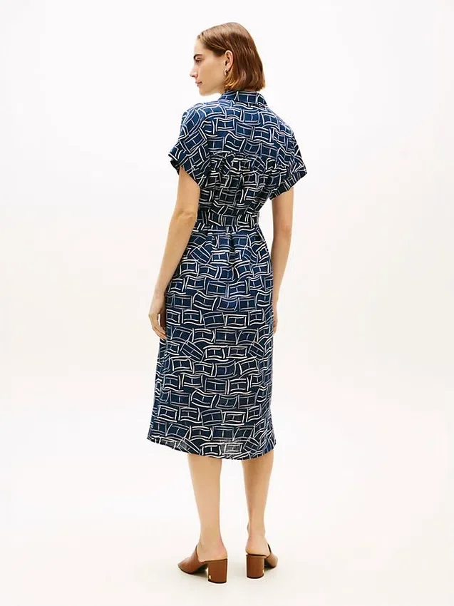 Flag Print Belted Linen Midi Shirtdress Flag Print Belted Linen Midi Shirtdress