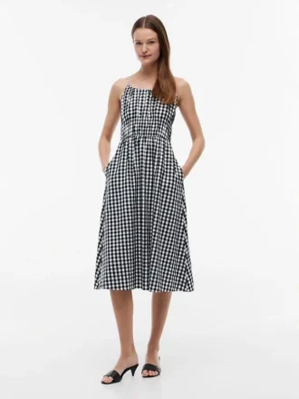 Gingham Shirred Linen-Blend Midi Dress