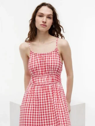 Gingham Shirred Linen-Blend Midi Dress