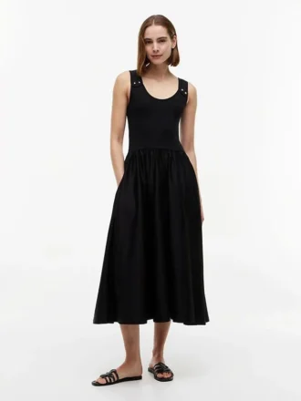 Gold-Button Mixed-Media Tank Dress