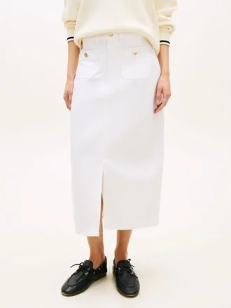 Gold-Button Pocket Denim Midi Skirt