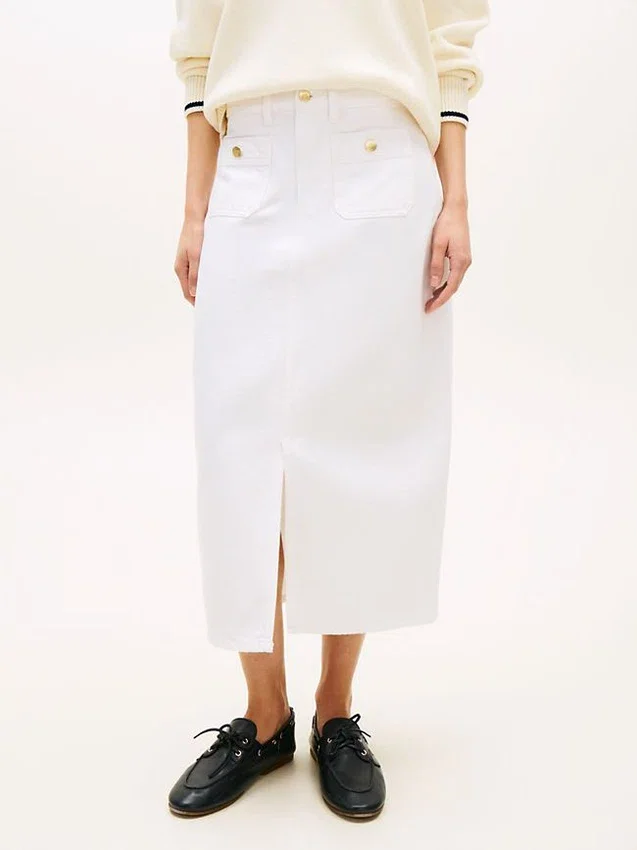 Gold-Button Pocket Denim Midi Skirt Gold-Button Pocket Denim Midi Skirt