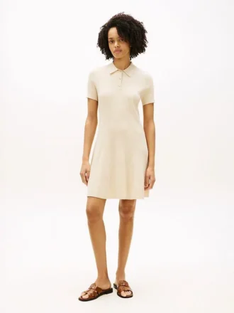 Gold-Button Rib Knit Polo Mini Dress