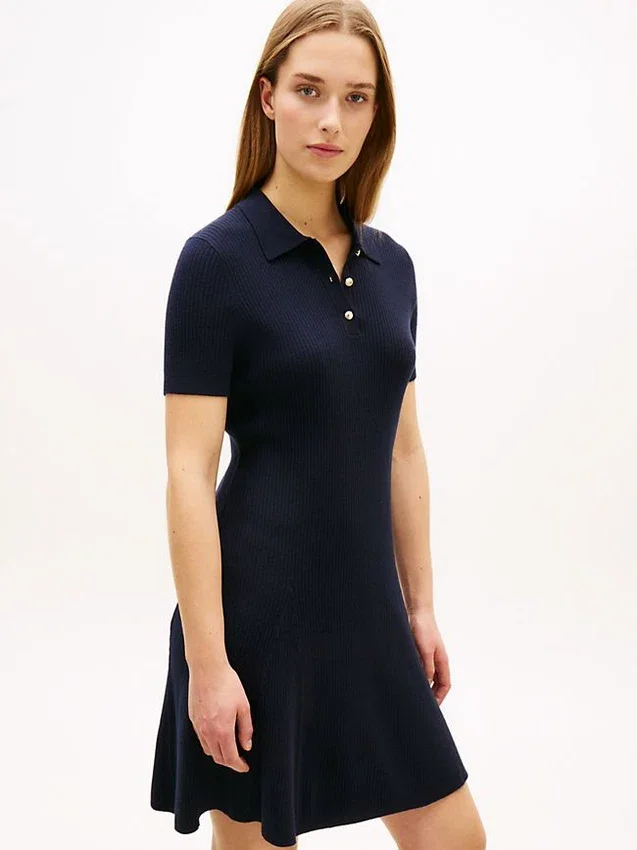 Gold-Button Rib Knit Polo Mini Dress Gold-Button Rib Knit Polo Mini Dress