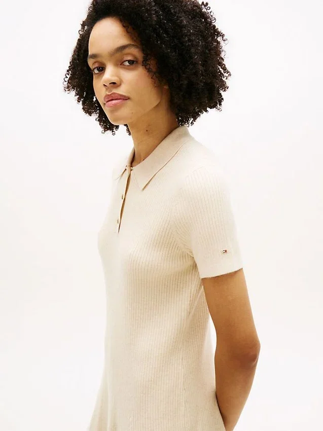 Gold-Button Rib Knit Polo Mini Dress Gold-Button Rib Knit Polo Mini Dress