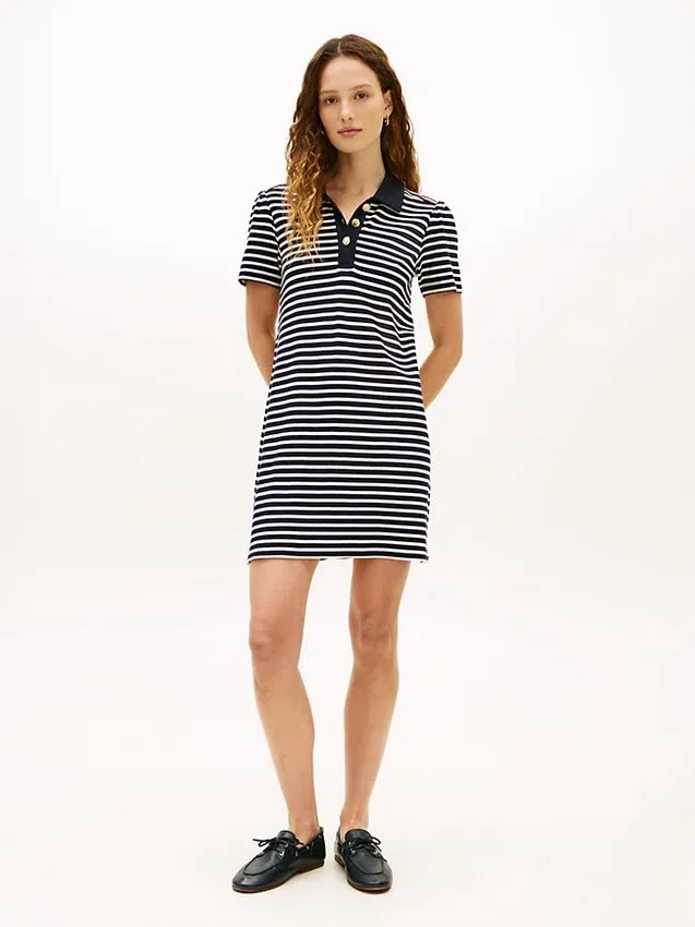 Gold-Button Striped Interlock Polo Dress Gold-Button Striped Interlock Polo Dress
