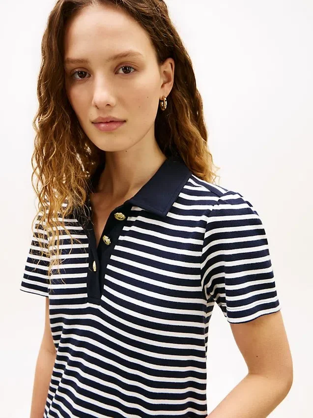 Gold-Button Striped Interlock Polo Dress Gold-Button Striped Interlock Polo Dress