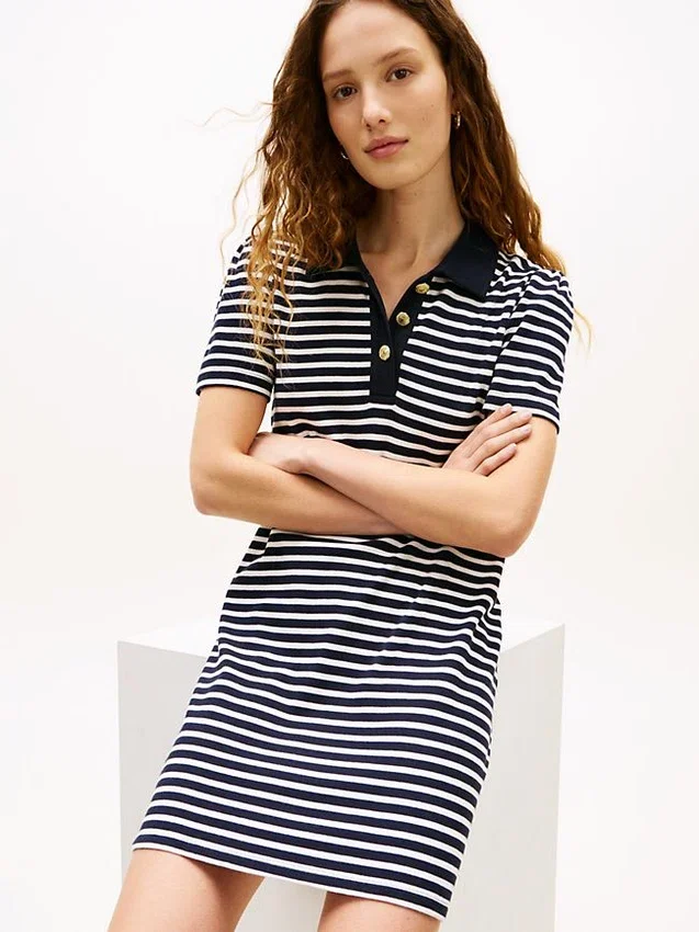 Gold-Button Striped Interlock Polo Dress Gold-Button Striped Interlock Polo Dress