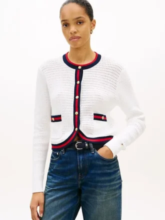 Gold-Button Textured Knit Cardigan