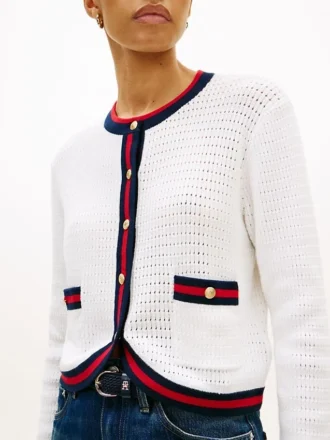 Gold-Button Textured Knit Cardigan