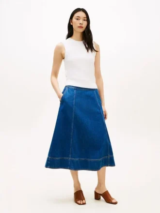 High-Rise Flared Denim Midi Skirt