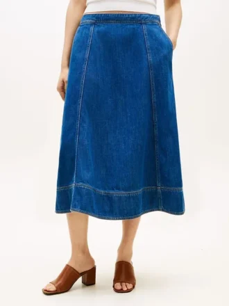 High-Rise Flared Denim Midi Skirt