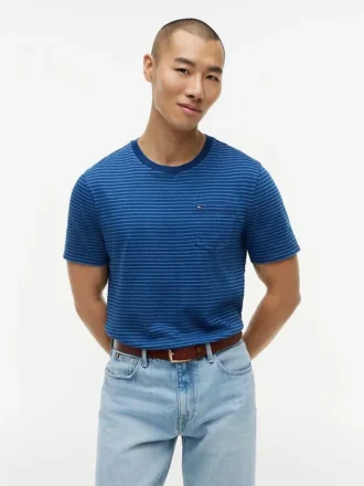 Indigo-Dyed Striped Pocket T-Shirt