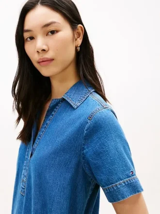 Open Placket Denim Mini Dress
