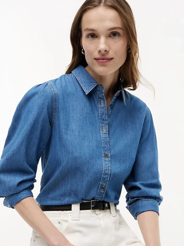 Puff-Sleeve Chambray Shirt Puff-Sleeve Chambray Shirt