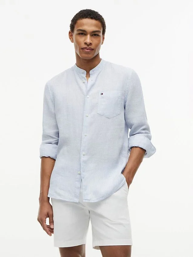 Regular Fit Band Collar Linen Shirt Regular Fit Band Collar Linen Shirt