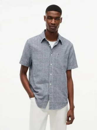 Regular Fit Glen Plaid Linen-Blend Shirt