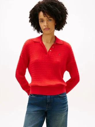 Relaxed Fit Cable Knit Sweater Polo