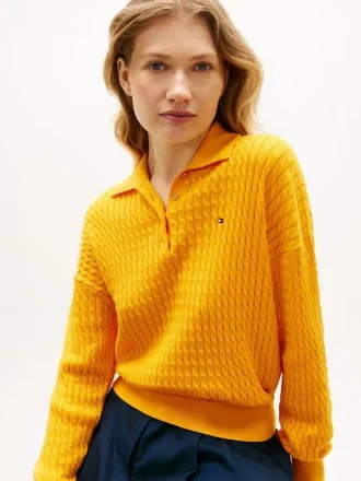 Relaxed Fit Cable Knit Sweater Polo