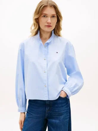 Ruffle Trim Cropped Oxford Shirt