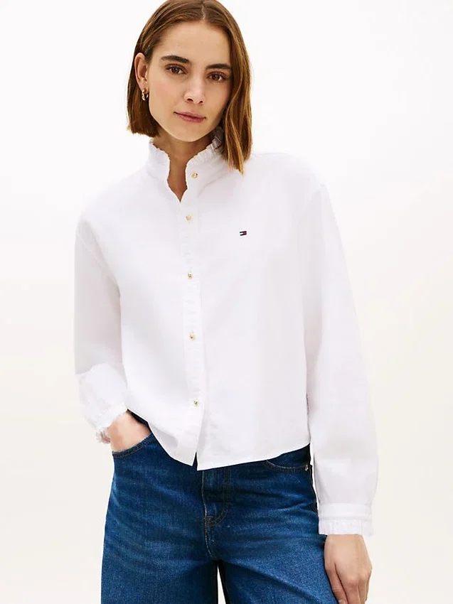 Ruffle Trim Cropped Oxford Shirt Ruffle Trim Cropped Oxford Shirt