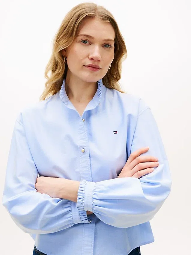 Ruffle Trim Cropped Oxford Shirt Ruffle Trim Cropped Oxford Shirt