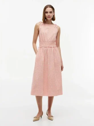Shirred Gingham Seersucker Midi Dress