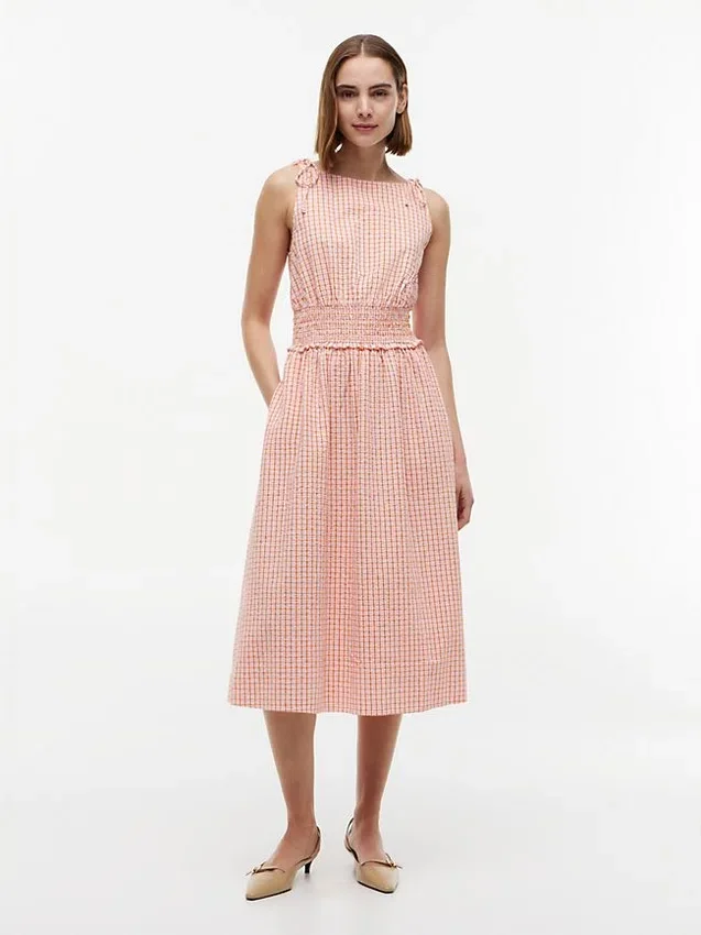 Shirred Gingham Seersucker Midi Dress Shirred Gingham Seersucker Midi Dress