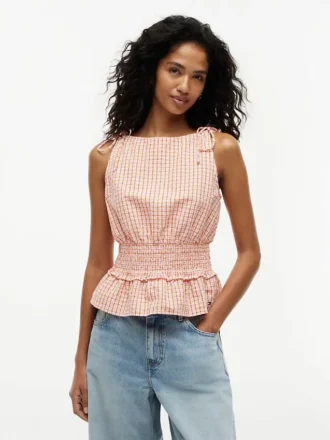 Shirred Gingham Seersucker Tank Top