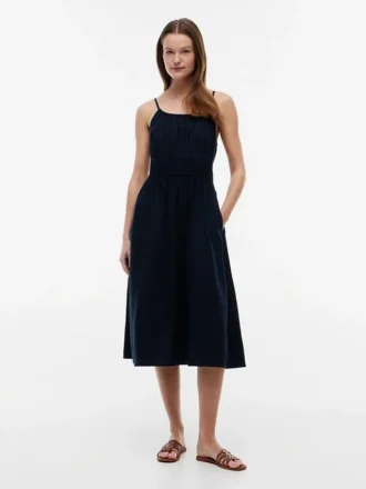 Shirred Linen-Blend Midi Dress