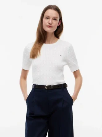 Short-Sleeve Cable Knit Sweater